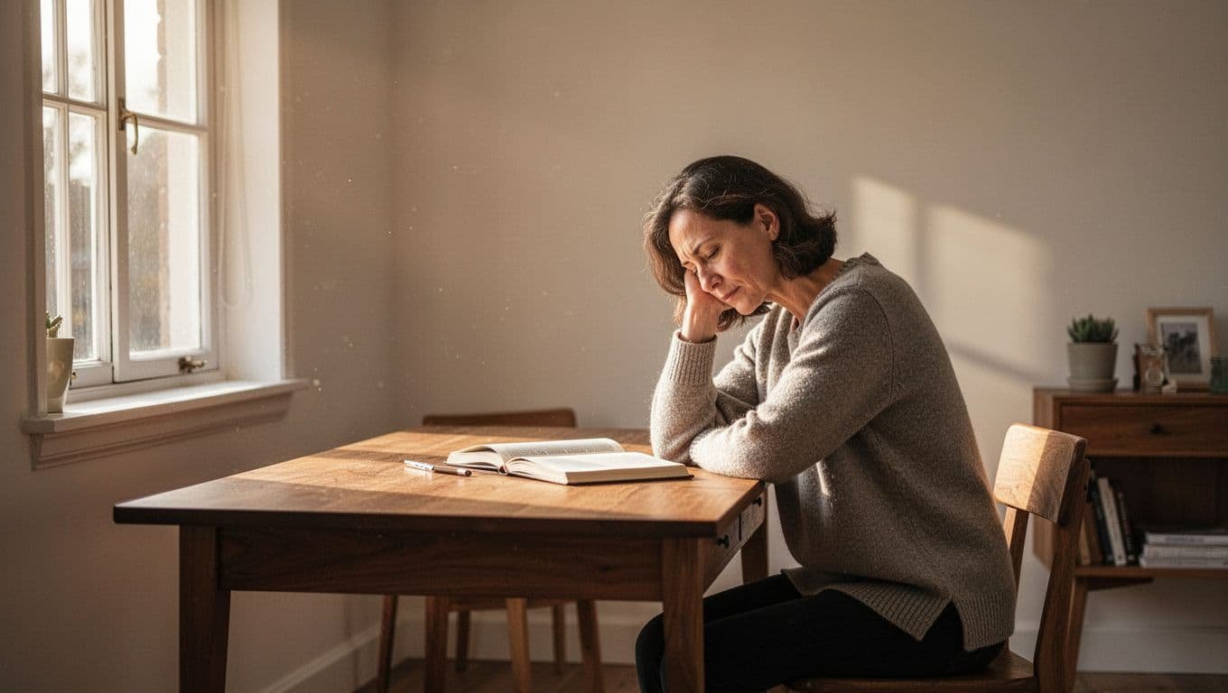 A lone individual sits at a minimalist wooden desk with their head resting in one hand. Soft morning sunlight streams through a nearby window, illuminating the quiet, clutter-free home office environment.