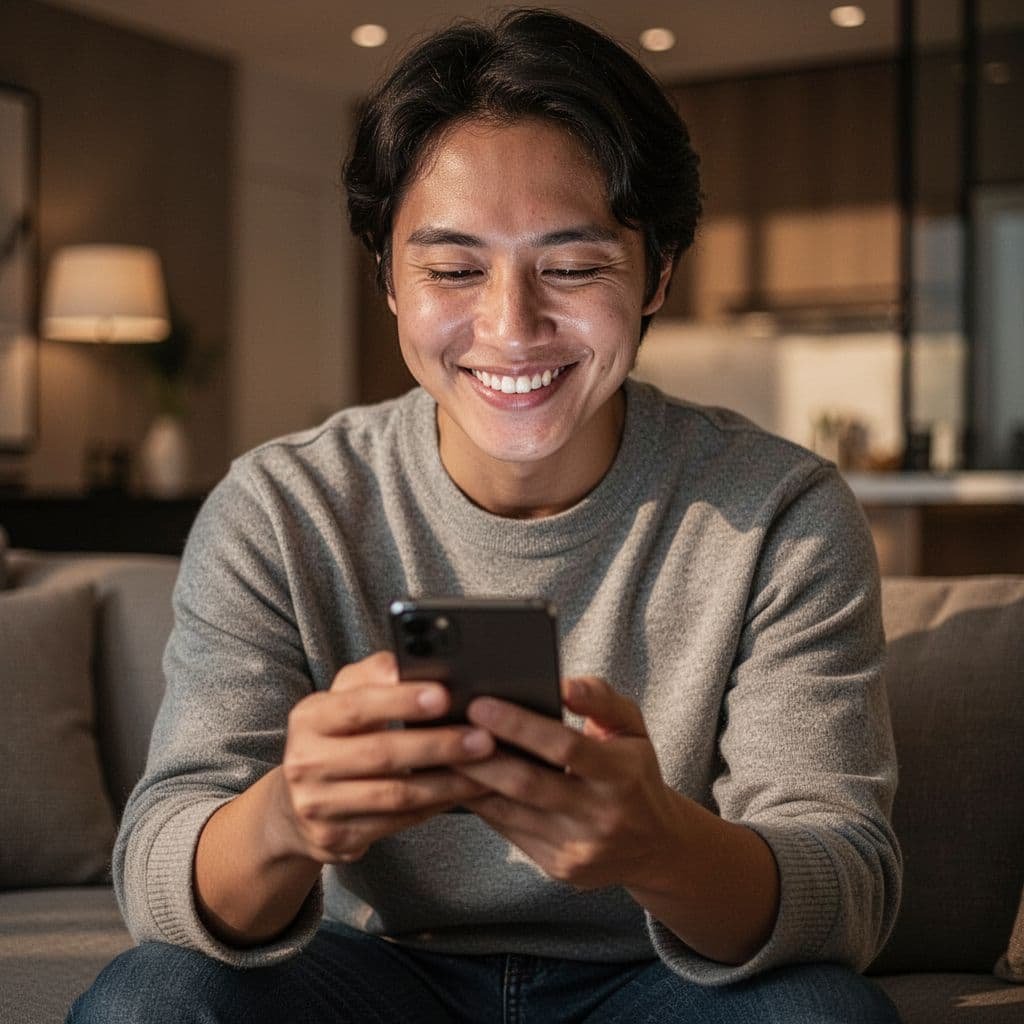 A person smiles warmly while looking at a smartphone in a cozy room.