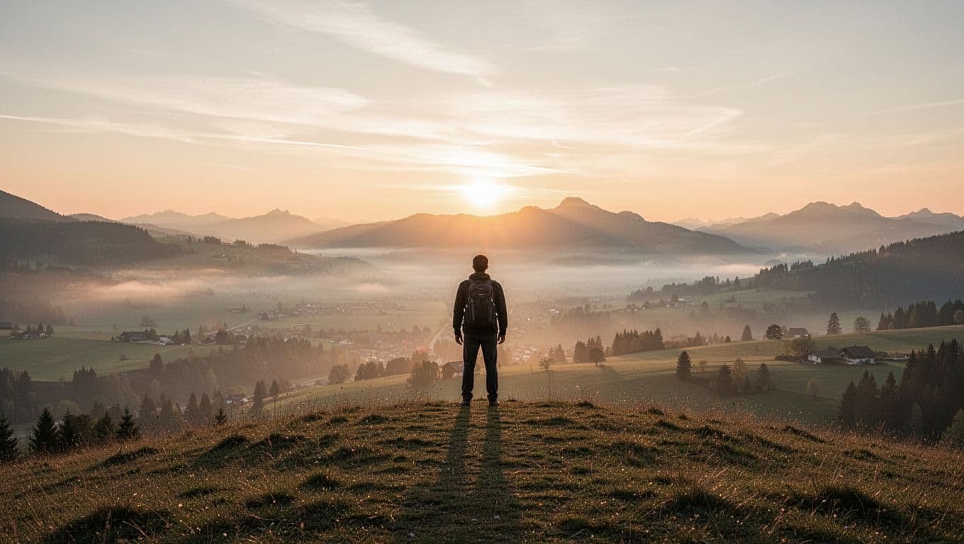 A person stands alone on a quiet hilltop looking out over a vast landscape at sunrise.