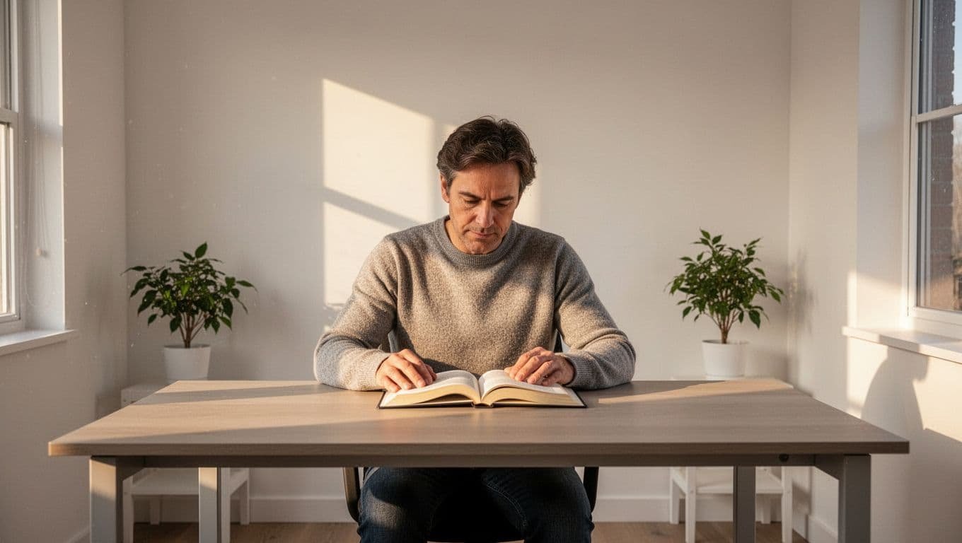 A person reads an open book at a clean desk in a sunlit room.