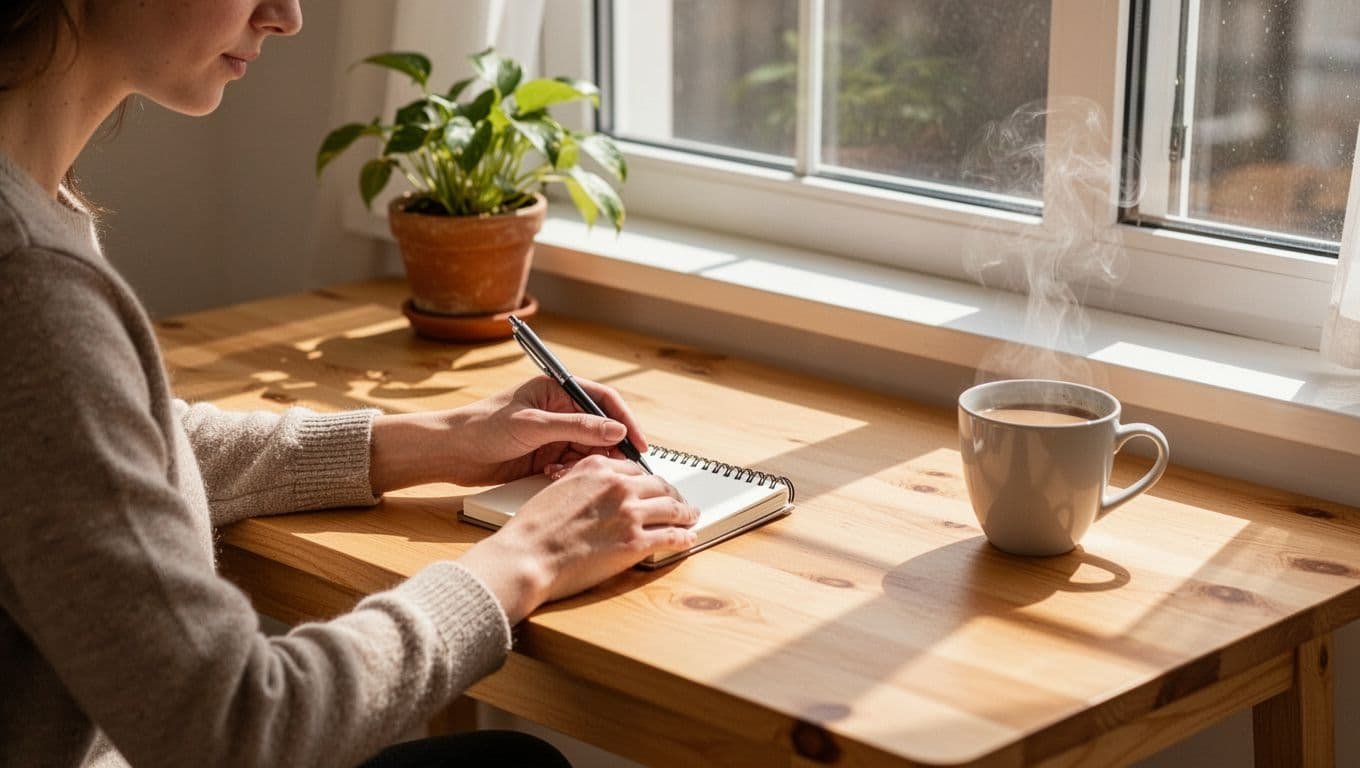 A person writes with a pen in a notebook at a sunlit desk.