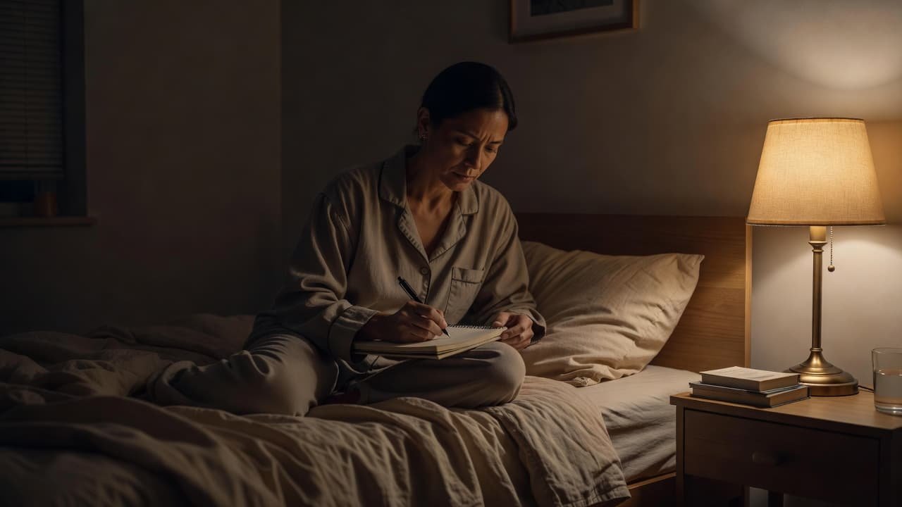 A person writing in a journal by the warm light of a desk lamp in a quiet room at night.