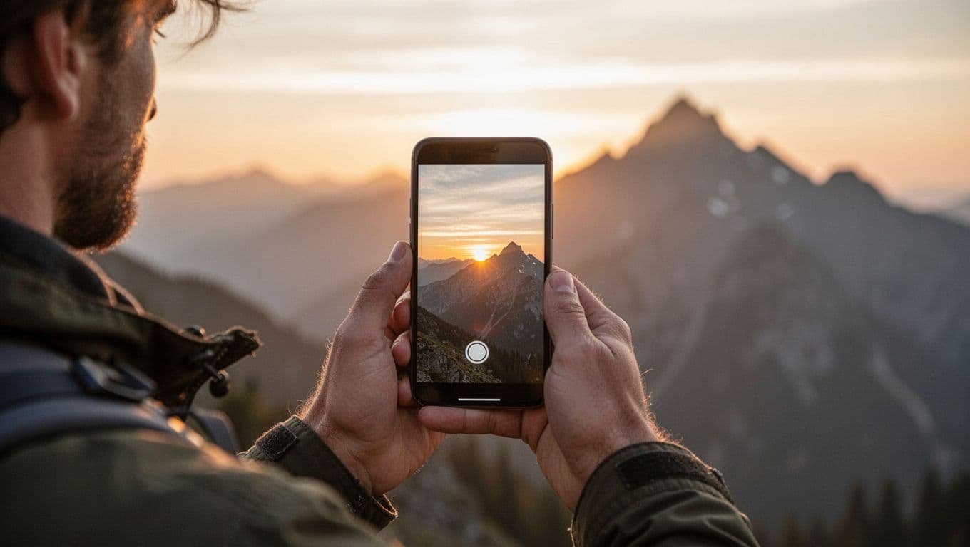 A person uses a smartphone to take a photo of sunlit mountain peaks at dawn.