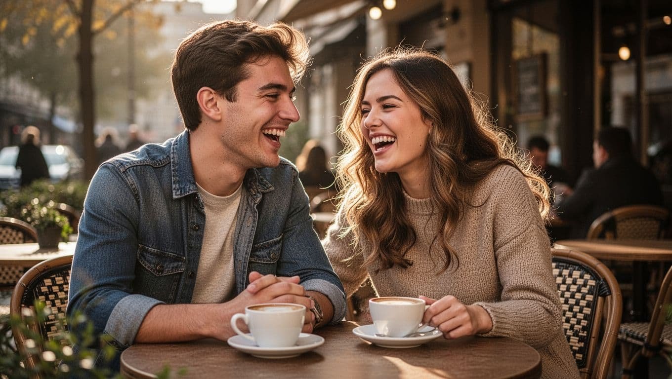 A man and woman sharing a laugh together at a small cafe table outdoors.
