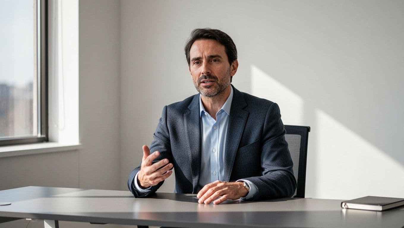 A professional person gesturing while speaking at a clean modern office desk.