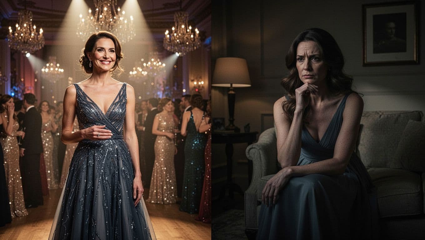 A split image showing a woman smiling at a gala next to her looking sad in a dark room.