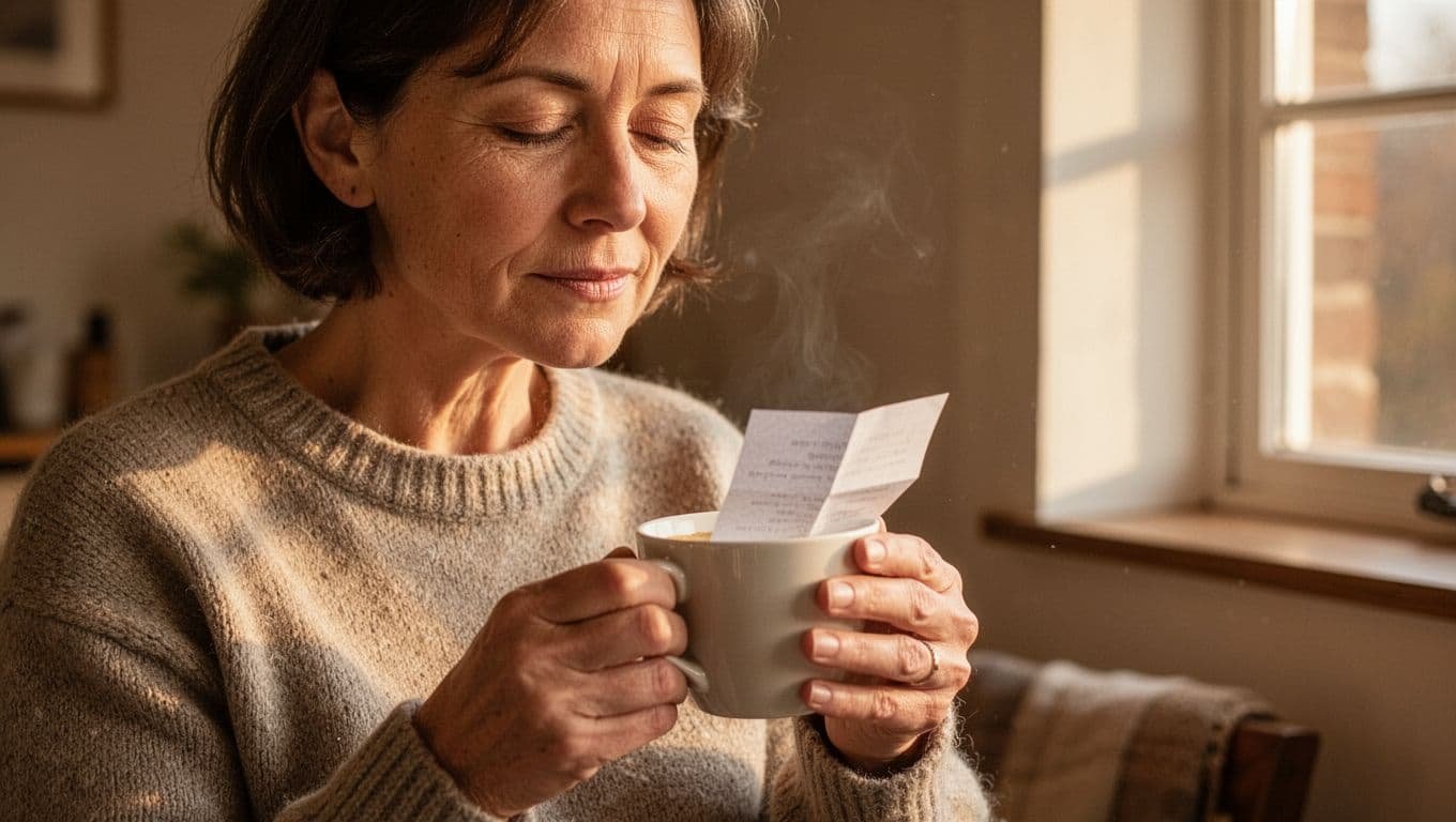 A person looks thoughtful while reading a small paper note and holding a cup of coffee in warm sunlight.