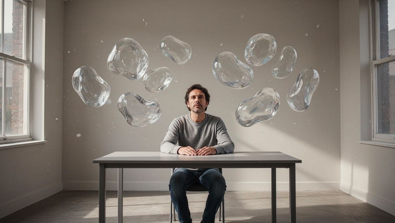 A person sits at a desk watching translucent symbols float in the air representing their habits.