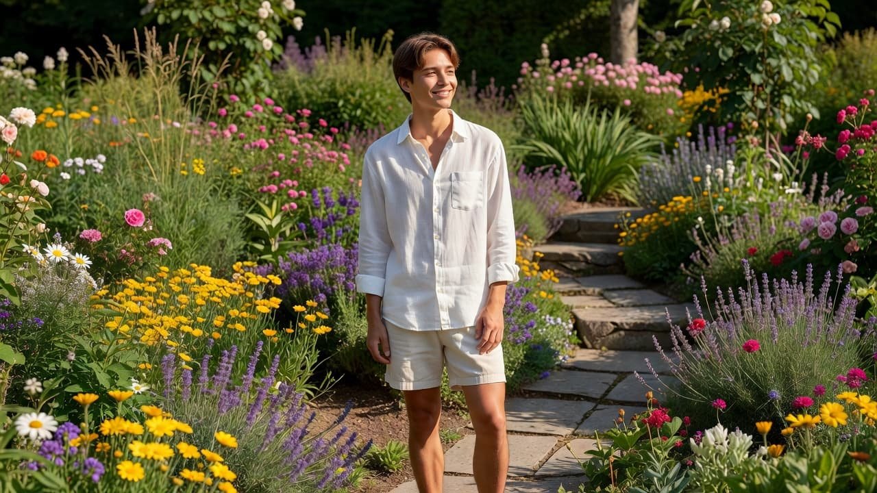A person in a linen shirt and cotton shorts standing in a sunny garden.