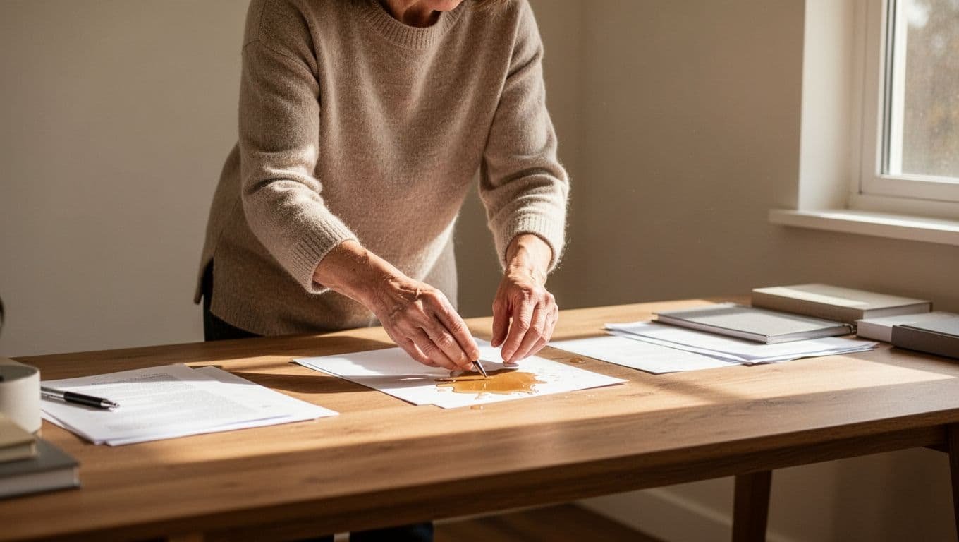 A person tidies up their desk in a sunny room to regain focus.