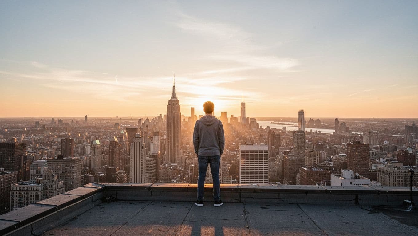 A person standing on a city roof watching the sun rise over the buildings.