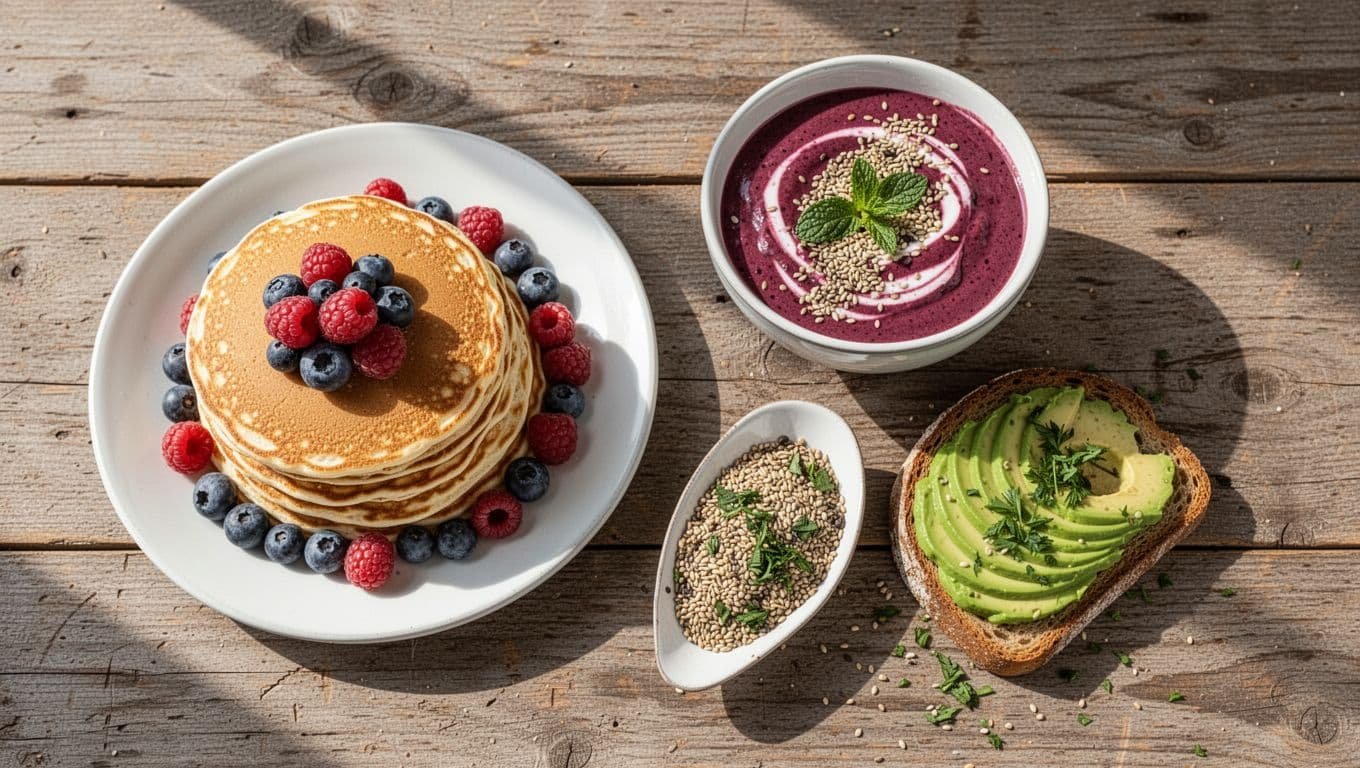 Top down view of a rustic wooden table featuring pancakes, an acai bowl, and avocado toast.