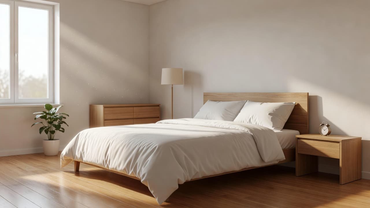 A tidy, sunlit bedroom with a neatly made bed and soft morning light entering through a window.