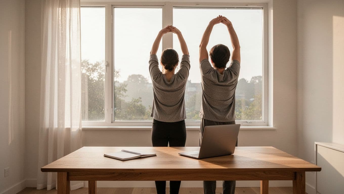 A person stretching arms by a bright window near a wooden table with a laptop.
