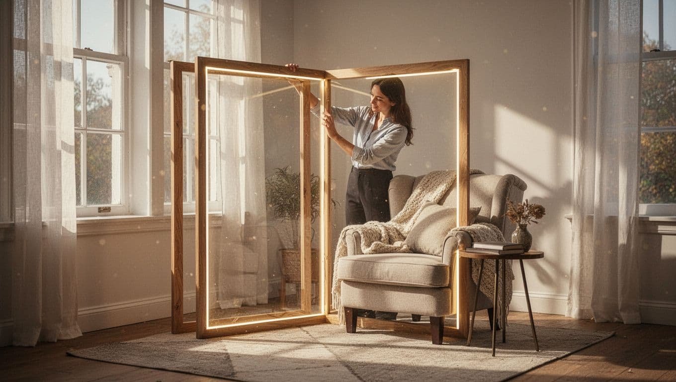 A person gently arranges a warm glowing wooden perimeter around a private reading corner. Soft light illuminates the interior space, creating a sense of sanctuary, emotional clarity, and deep personal restoration.