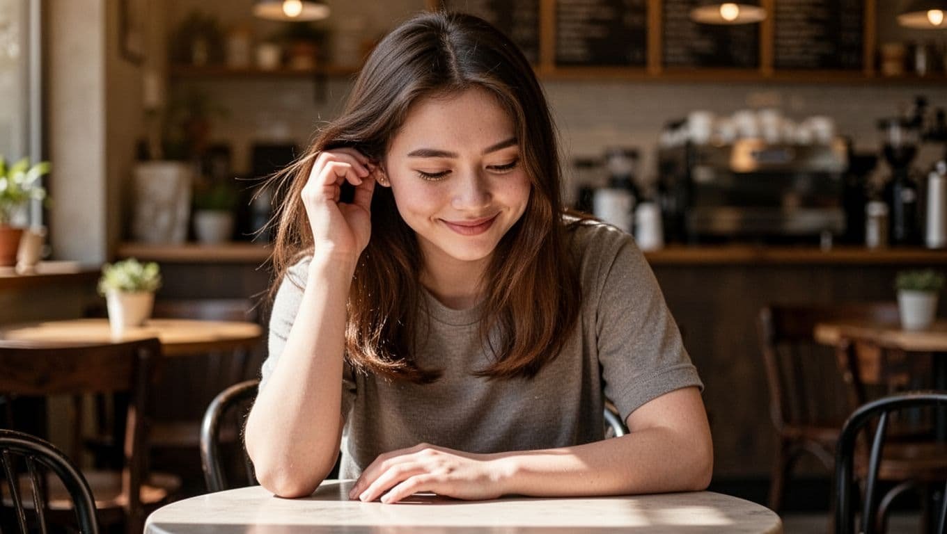 A woman in a cafe smiles shyly while tucking her hair behind her ear.