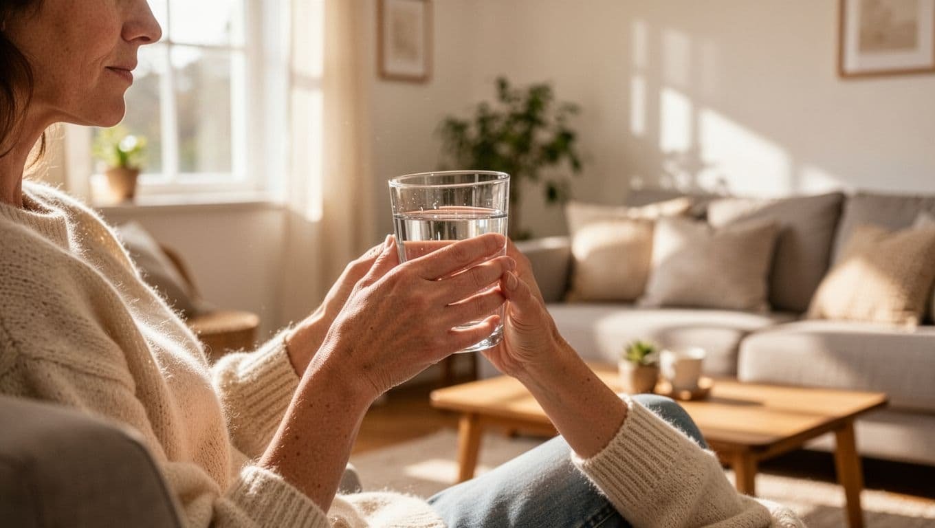 A person drinks from a clear glass of water to relieve hiccups in a bright living room.