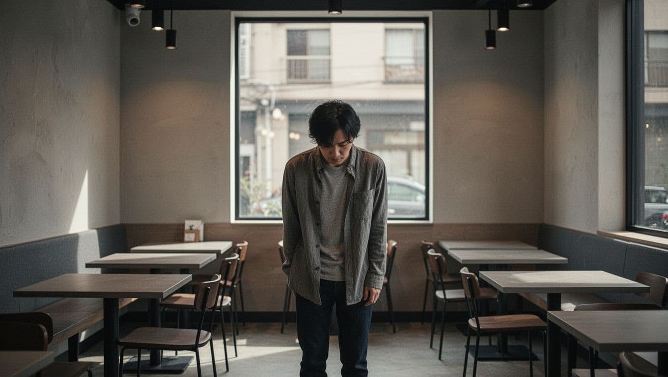 A solitary person standing alone in a quiet coffee shop with a hesitant, unsure expression.