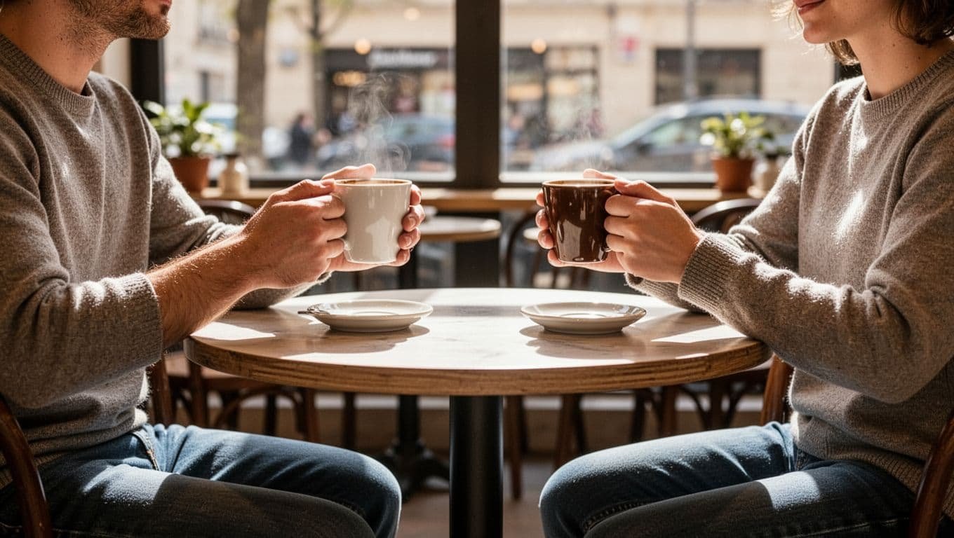 Two people at a cafe table mirroring each other while holding coffee mugs.