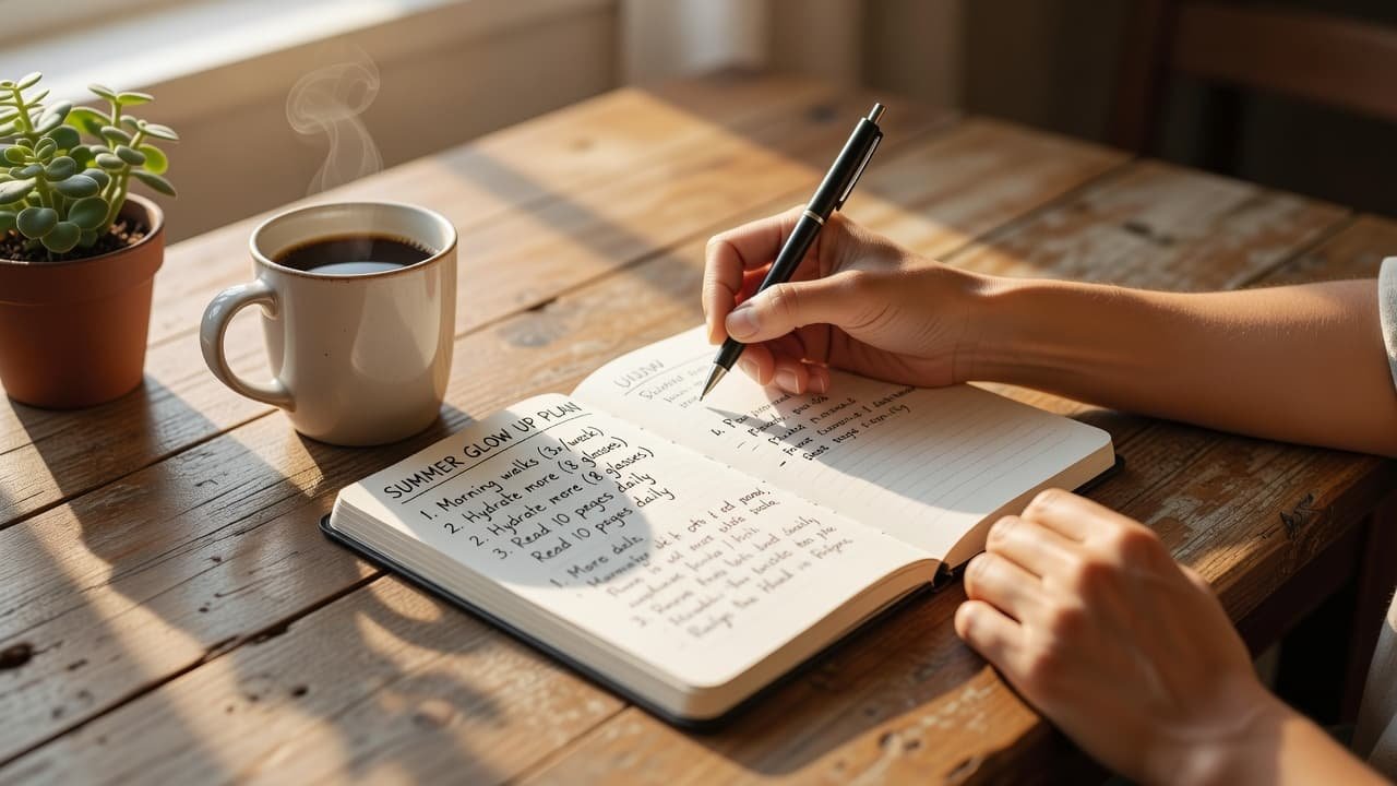 A person writes in a journal with coffee and a plant on a sunny table.