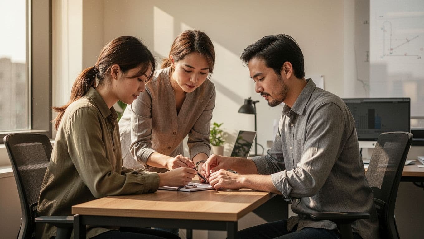A coworker helps another person with a computer task at a bright office desk.