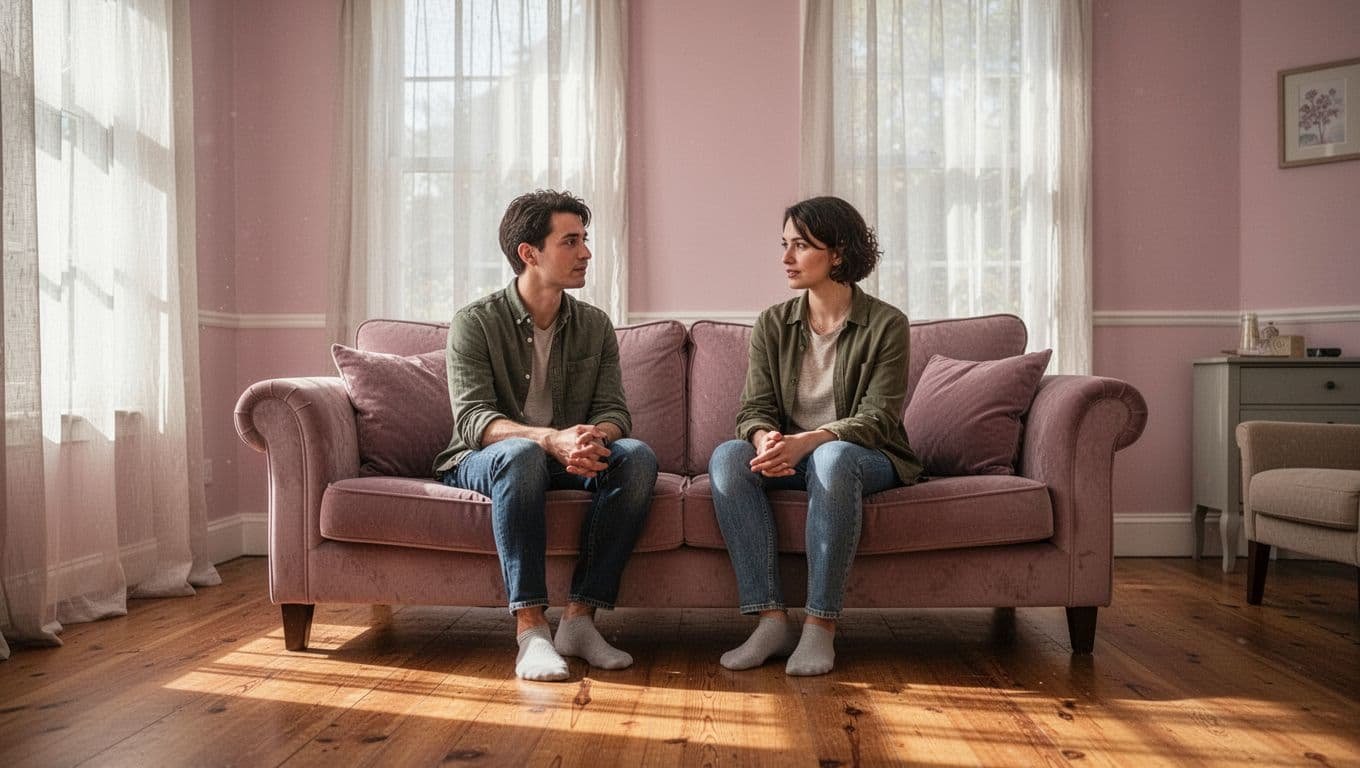 Two people sit together in a bright, cozy living room having a calm and supportive conversation.