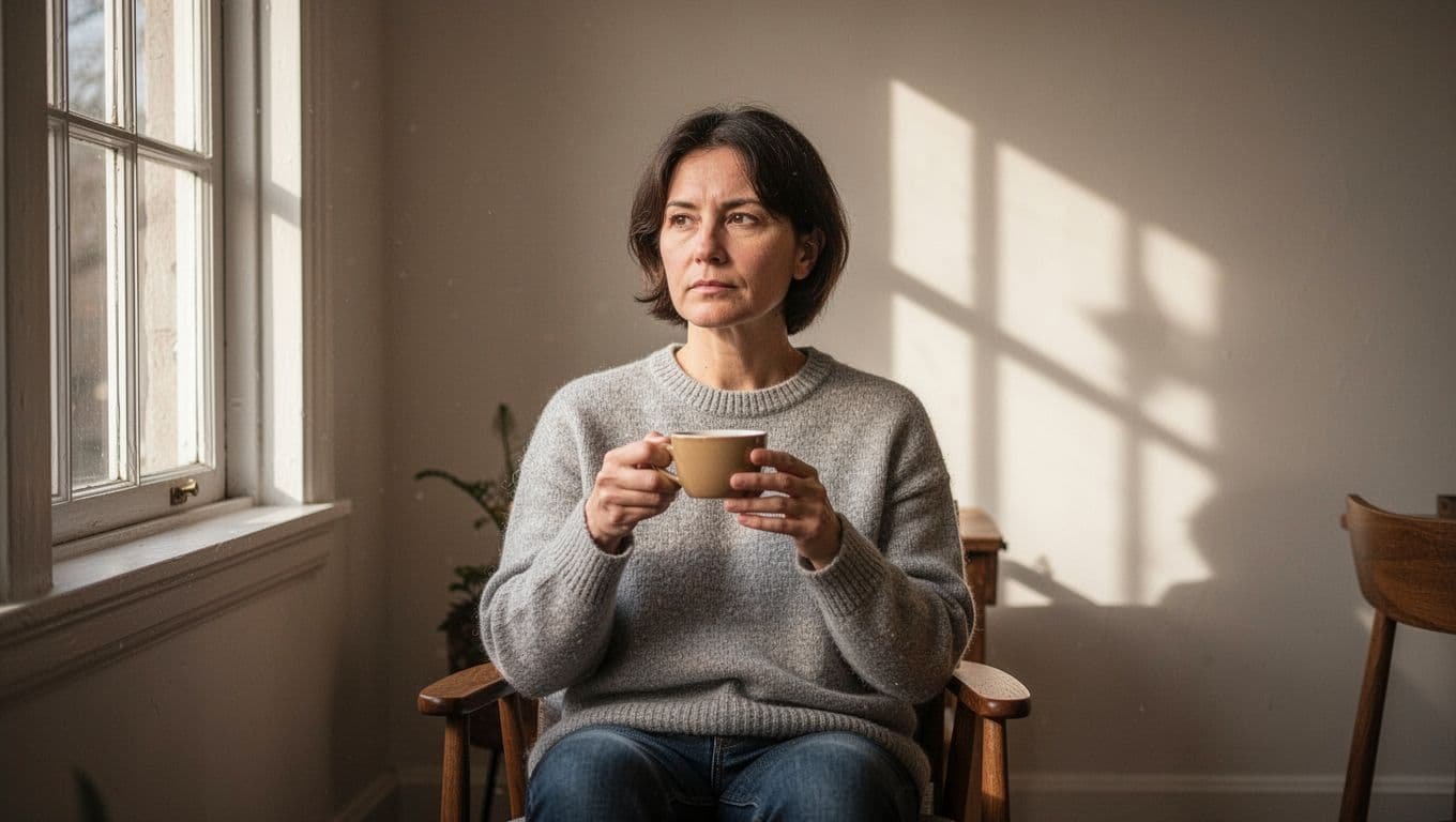 A person sitting alone in a quiet room holds a coffee cup while looking thoughtful.