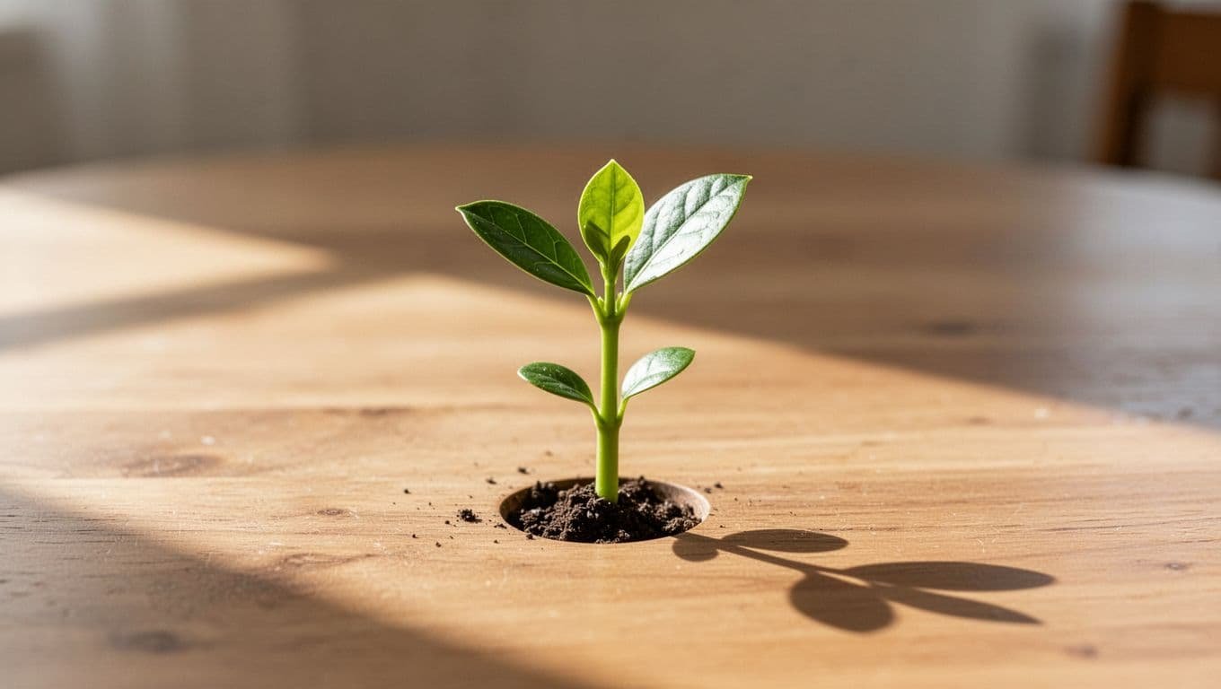 A single delicate green plant emerges from a smooth wooden surface. Soft morning light illuminates the leaves, creating a calm, minimalist aesthetic that highlights the tiny sprout against the blurred background.