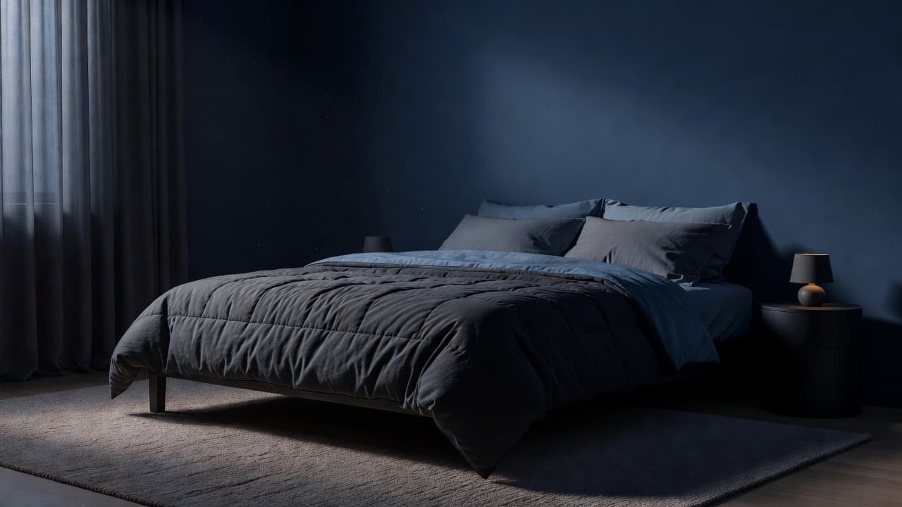 A dimly lit bedroom with a comfortable bed and soft bedding for sleep.
