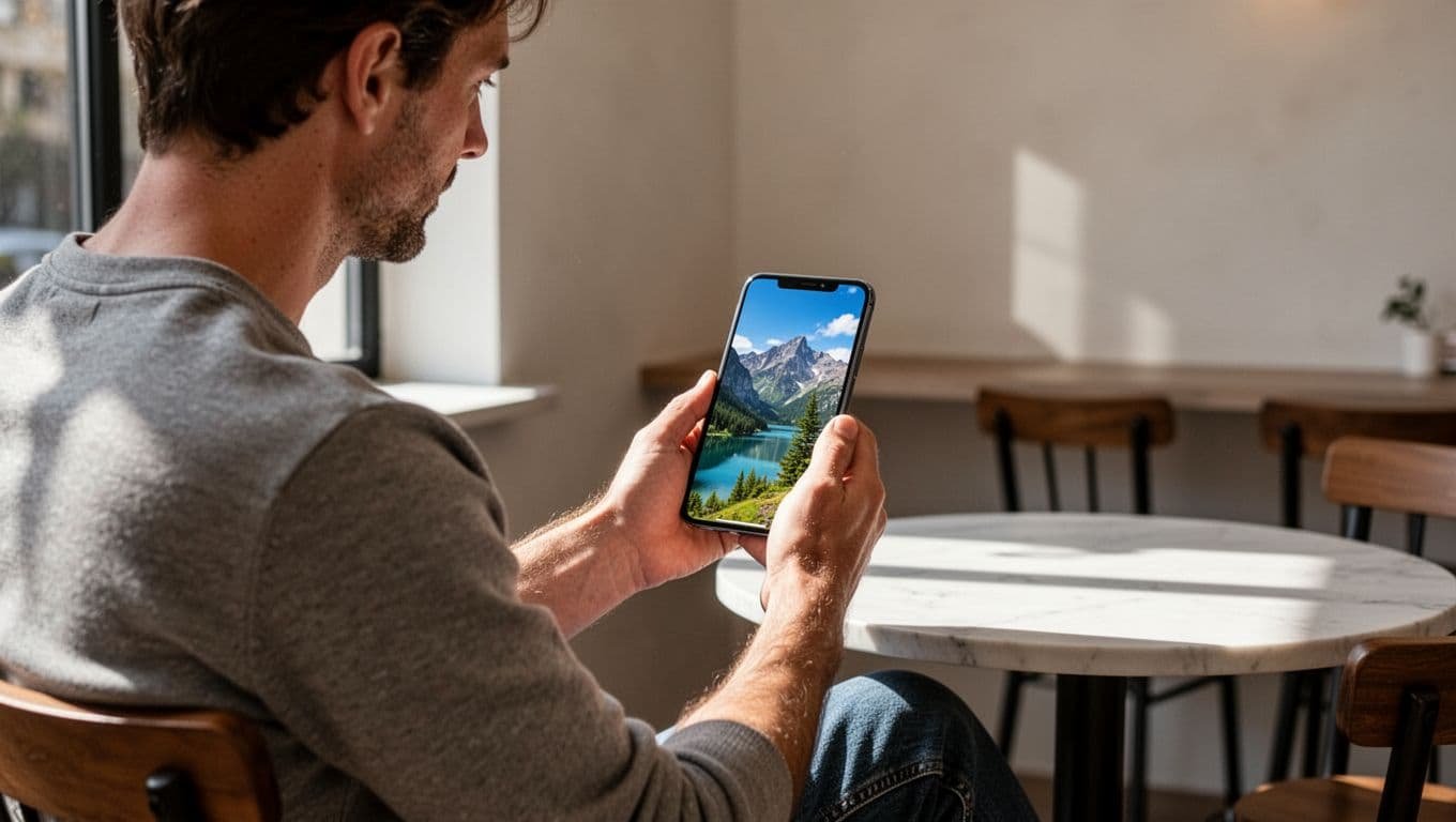 A person using a smartphone to edit colorful vacation photos while sitting in a bright, minimalist cafe.
