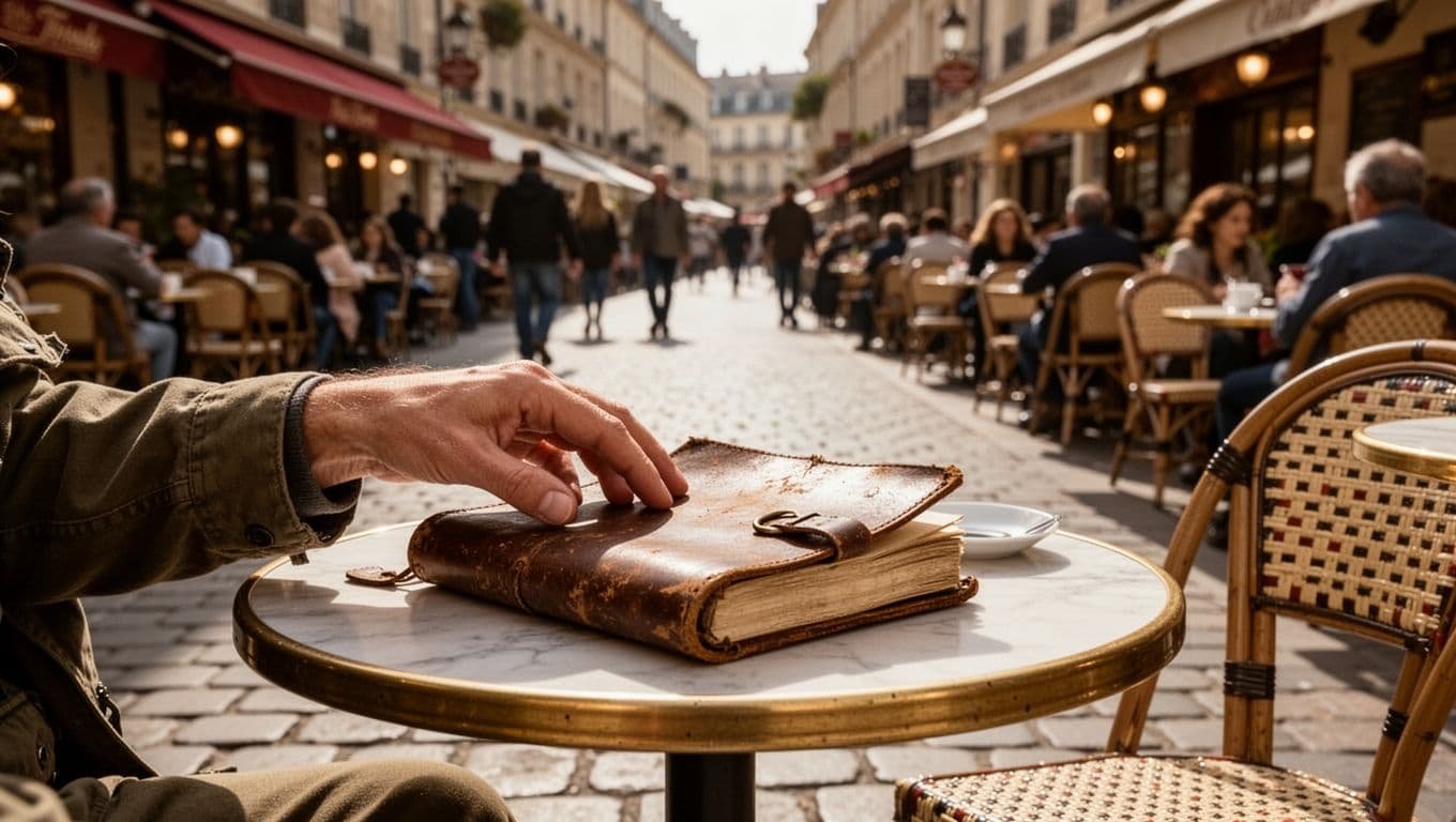A traveler holds an open leather journal while sitting at an outdoor European cafe table.