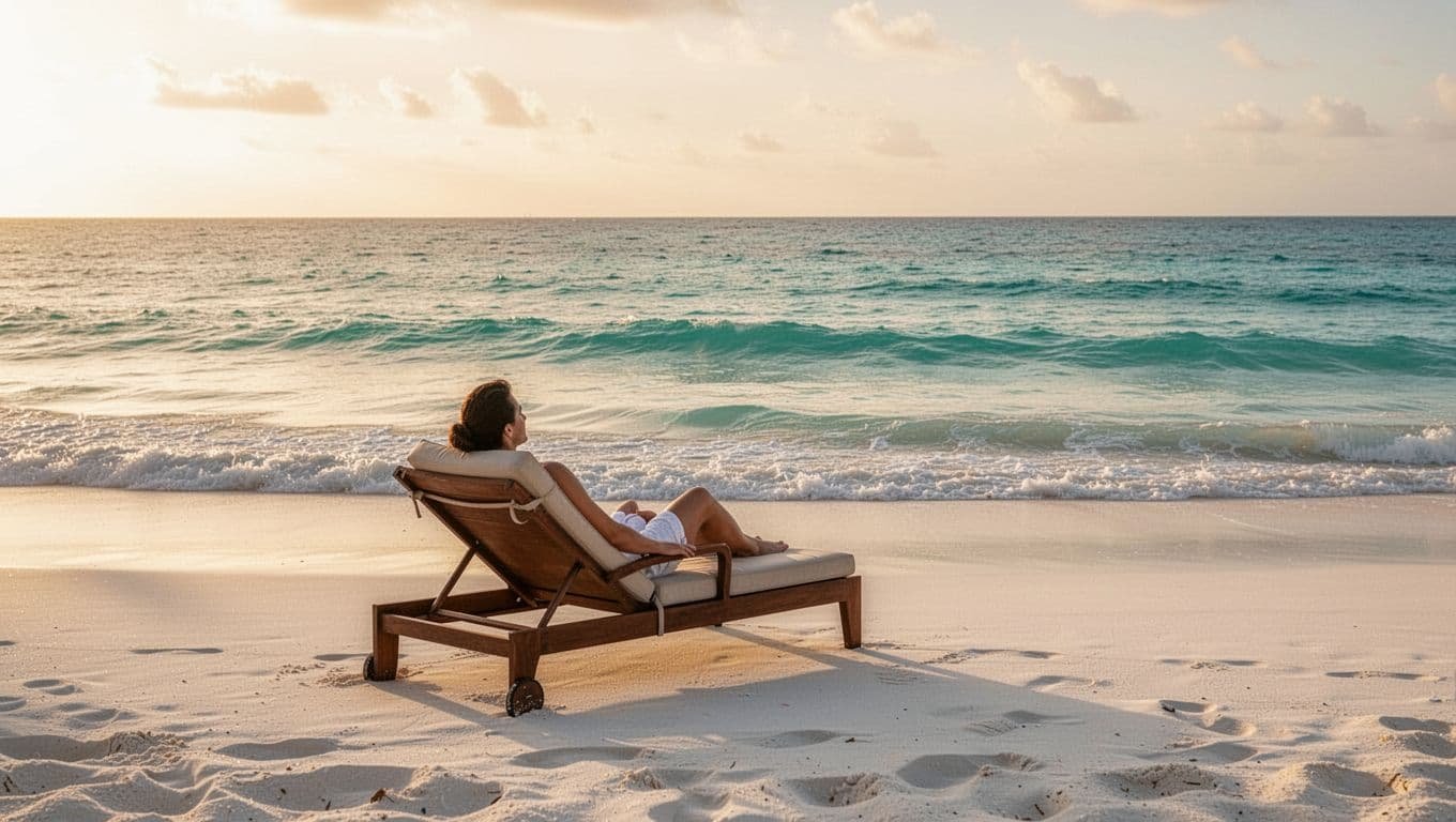 A calm tropical beach with turquoise water and a person resting on a lounge chair.