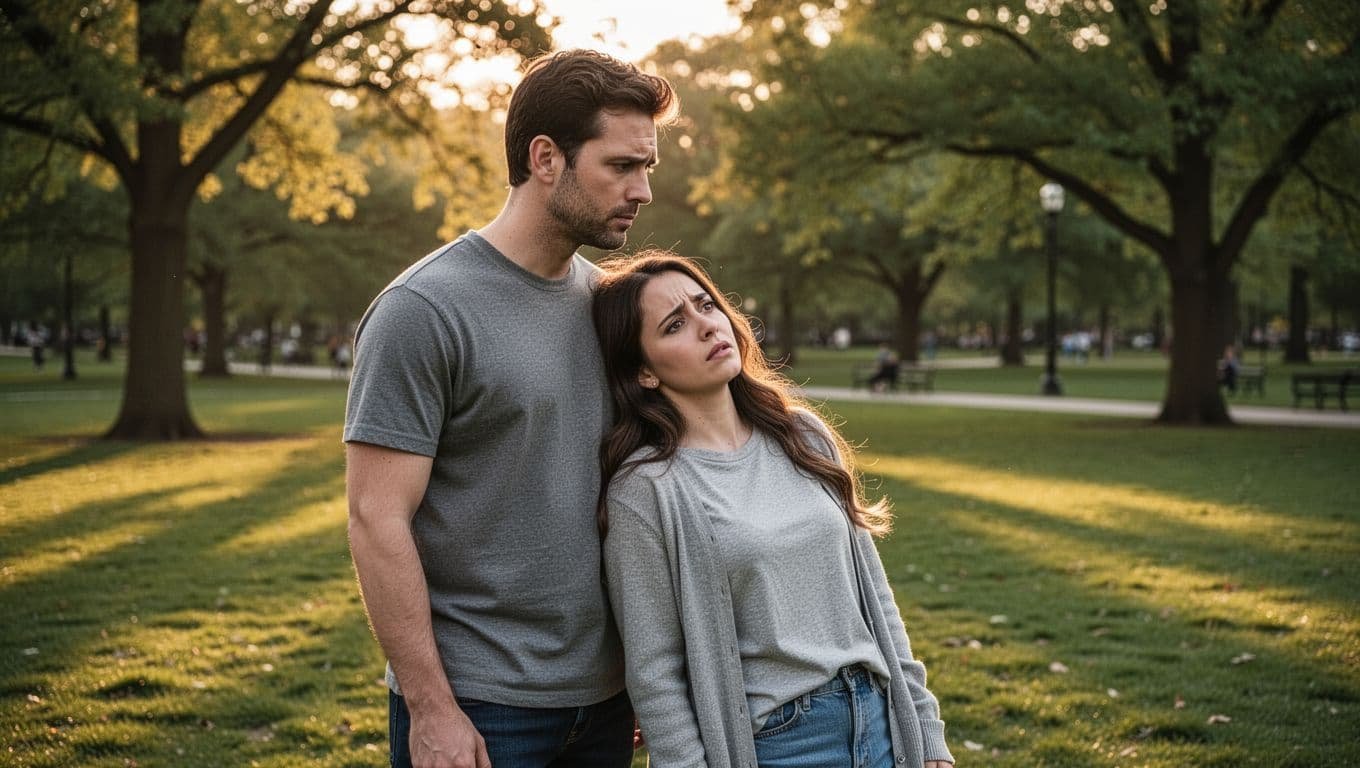 A man stands too close to a woman who leans away from him in an outdoor park setting.
