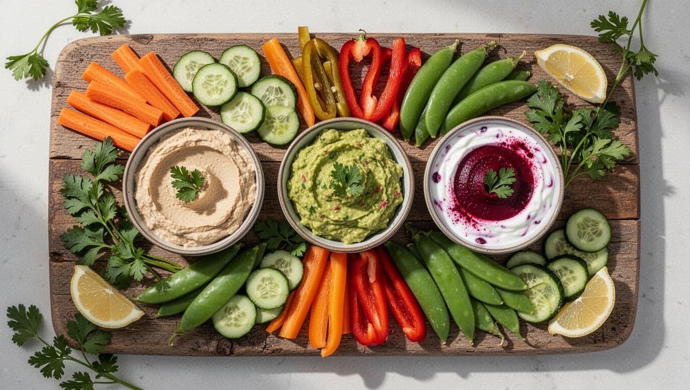 A wooden board featuring colorful dips surrounded by fresh vegetable sticks and lemon wedges.