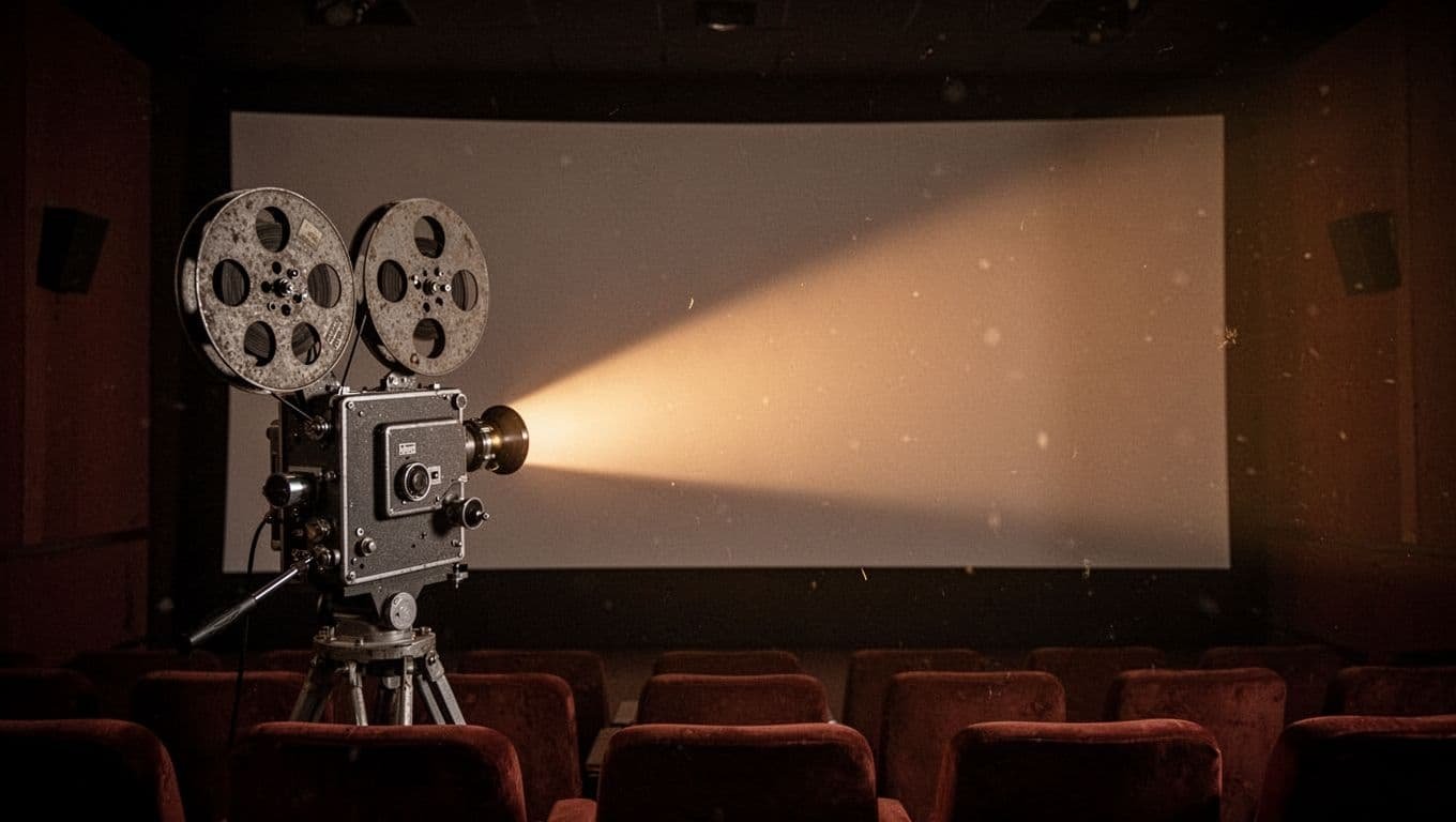 A glowing beam of light from an old film projector shines across a dark room.