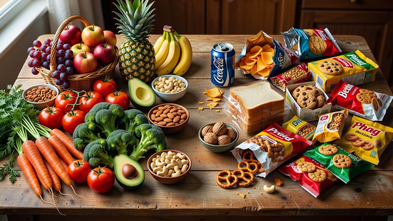 A wooden table showing a contrast between fresh fruits and vegetables and packaged processed snacks.