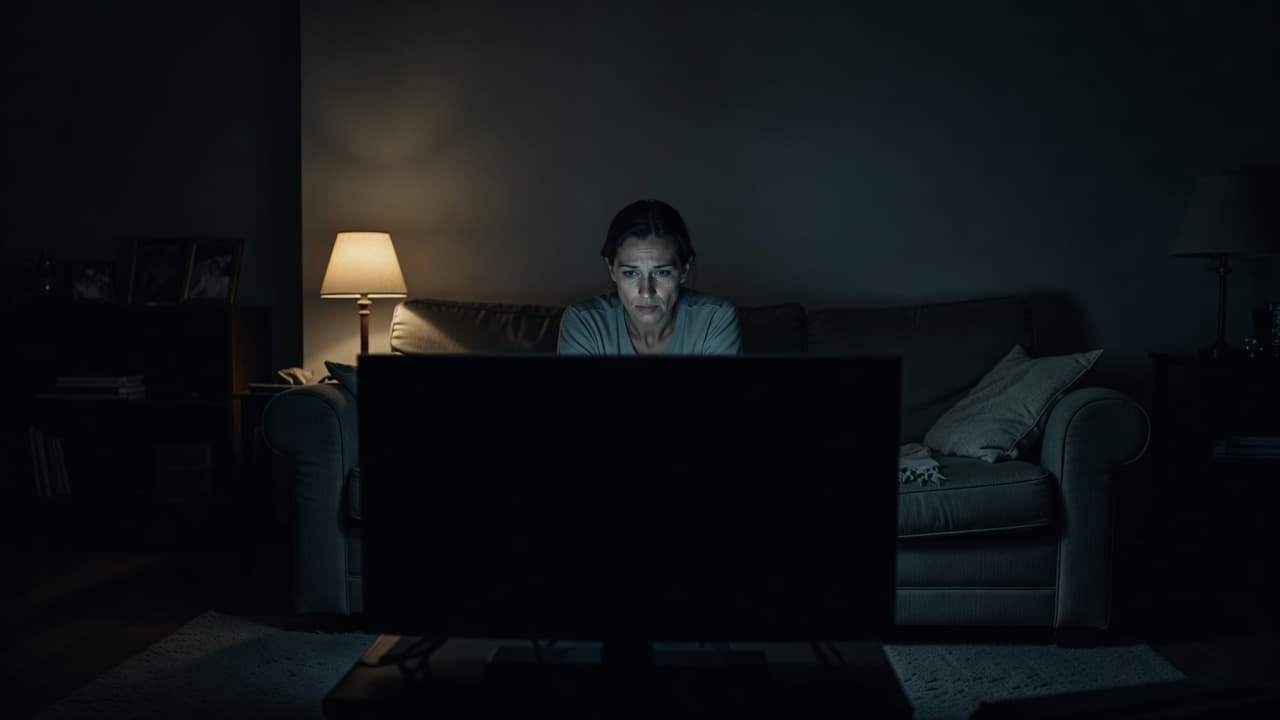 A tired woman sits alone on a sofa looking at a blank television screen in a dimly lit room.