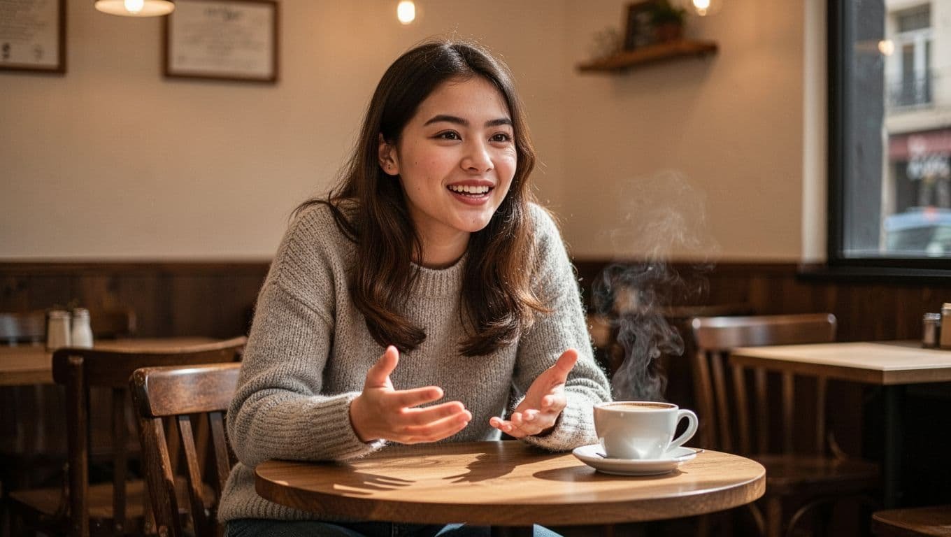A young woman sitting at a coffee shop table gestures while smiling during a conversation.