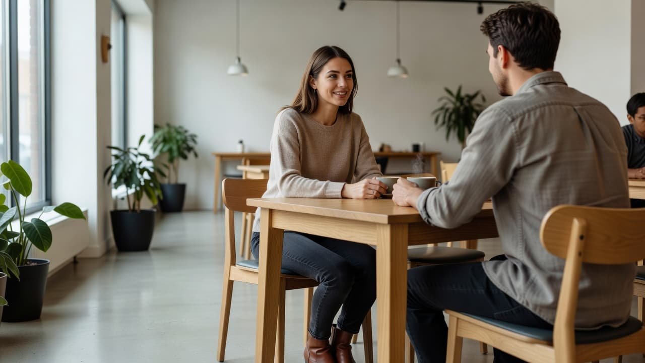 A woman sitting in a bright cafe leaning toward a man to show interest.