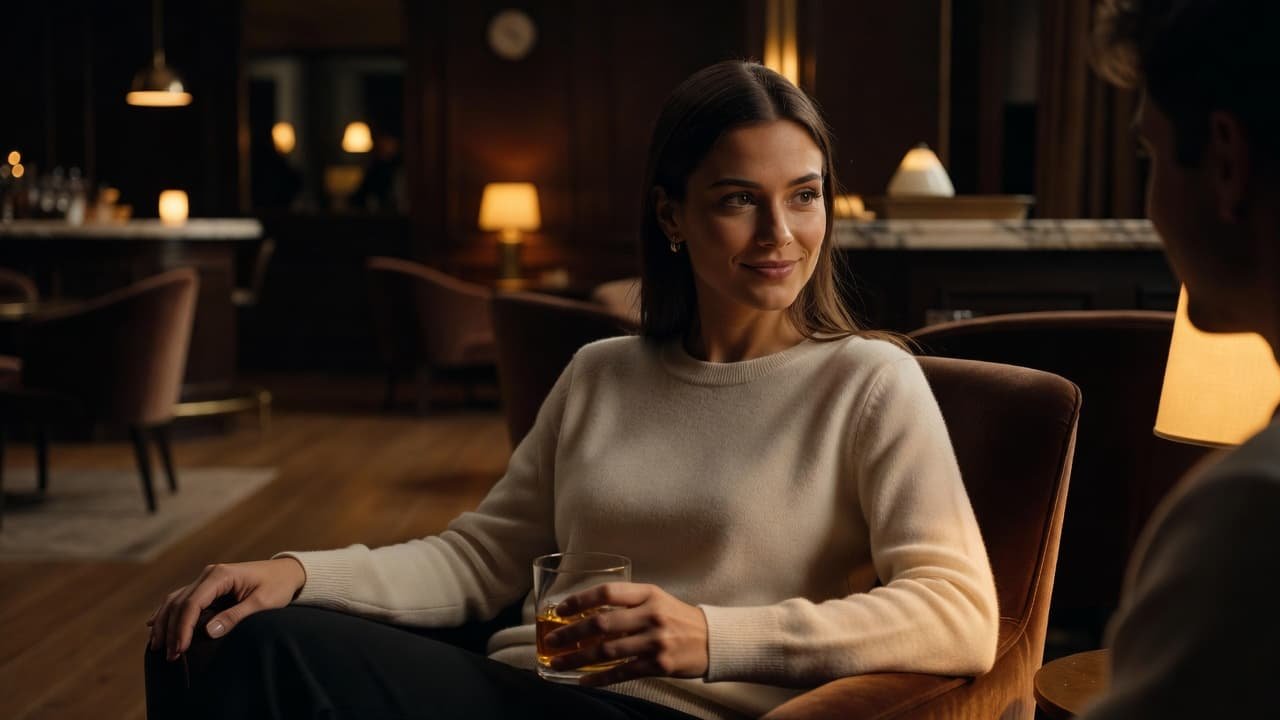 A smiling woman in a dimly lit lounge maintains a steady, focused gaze toward someone off-camera.