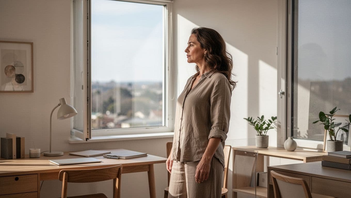 A calm woman standing by a bright window in a simple, sunlit home office.