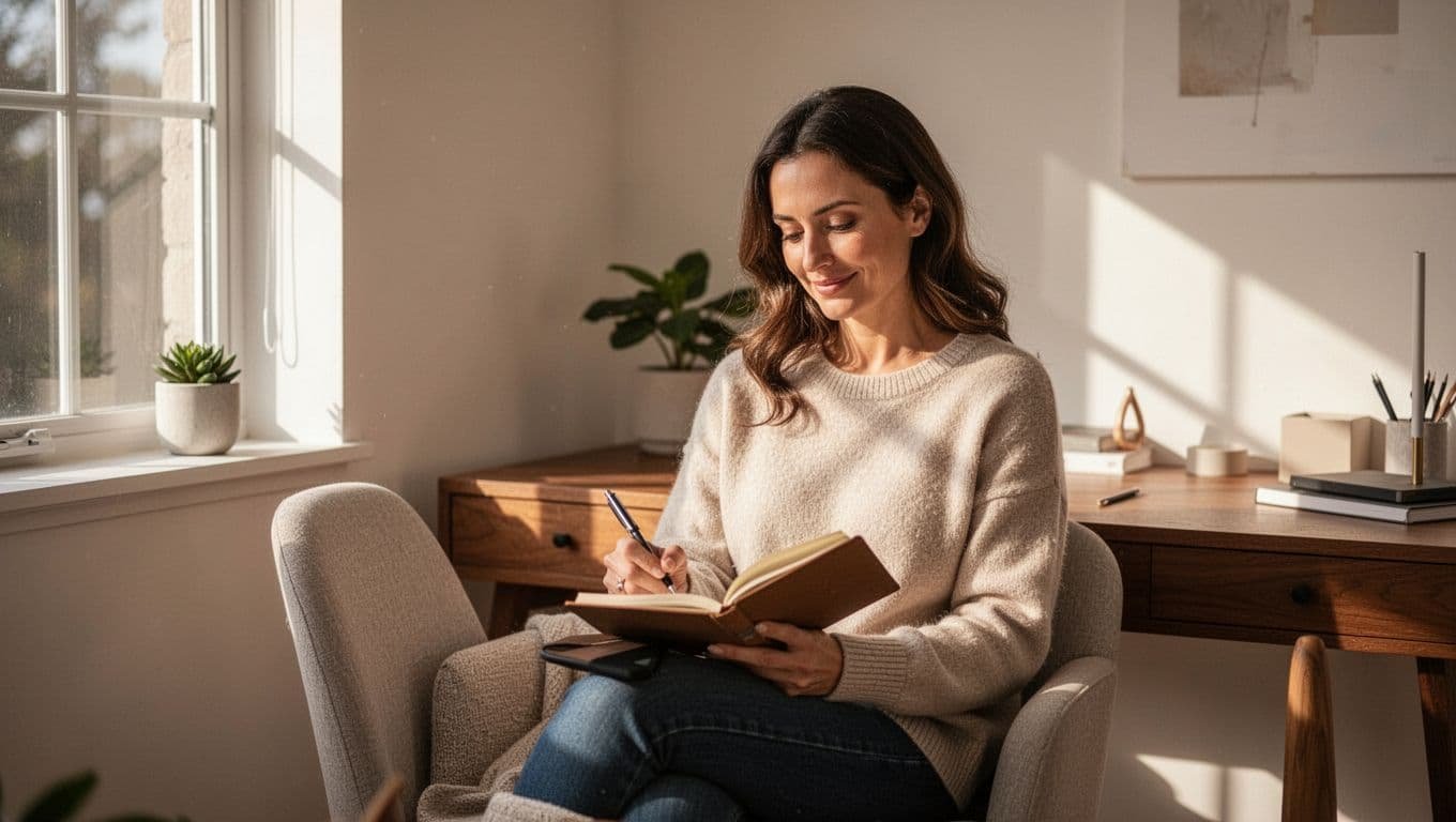 A woman sits in a sunlit home office writing in a journal.