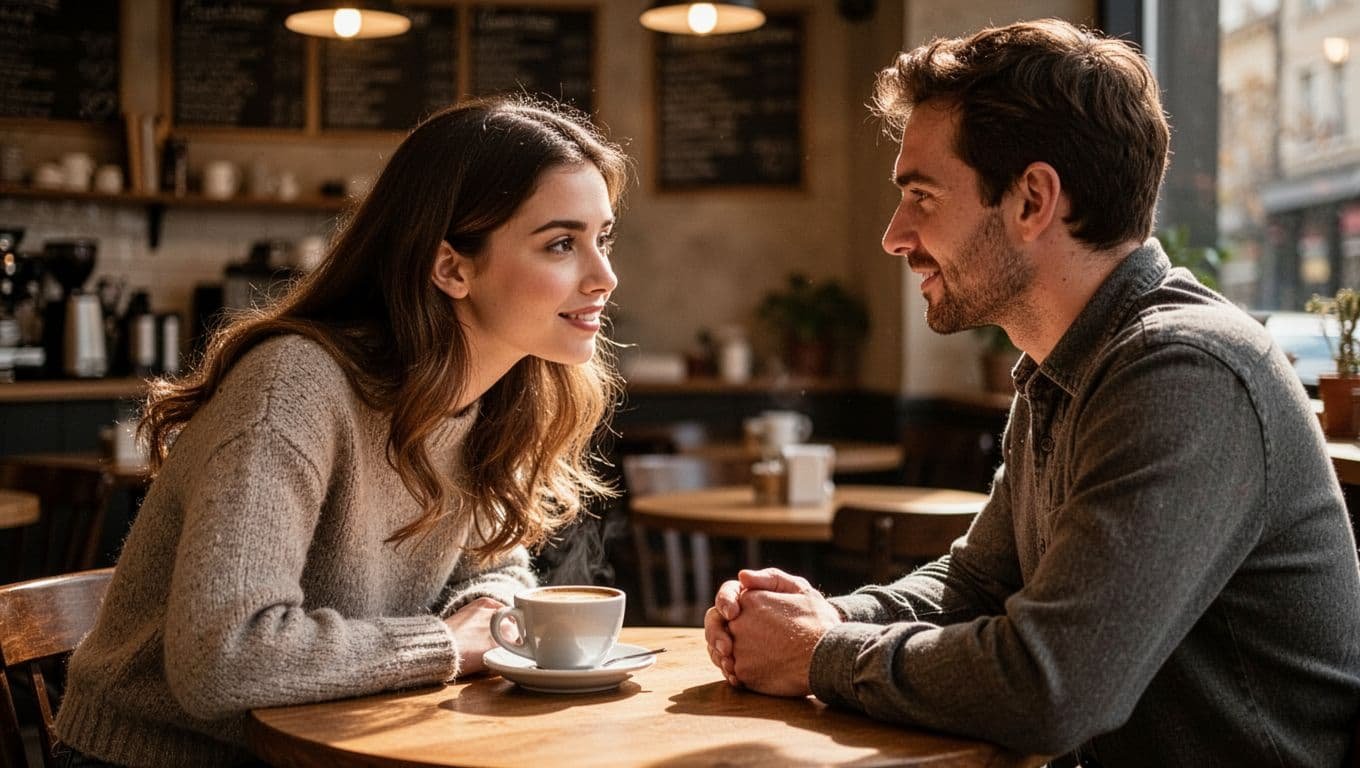 A woman leans in closely to talk with a man at a cafe table.
