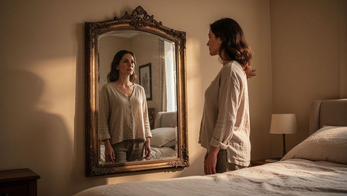 A woman looks at her reflection in a bedroom mirror with a calm and focused expression.