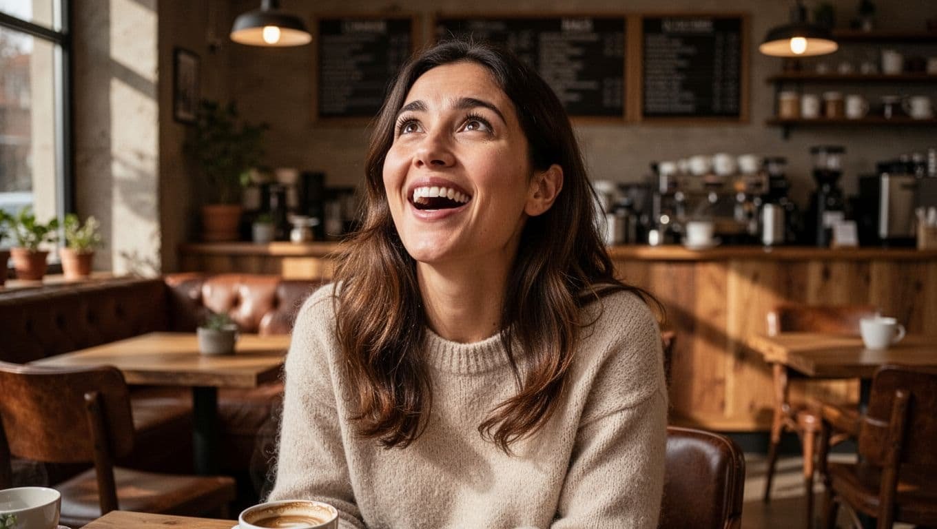 A smiling woman in a lounge chair looking up with an alert and happy expression.