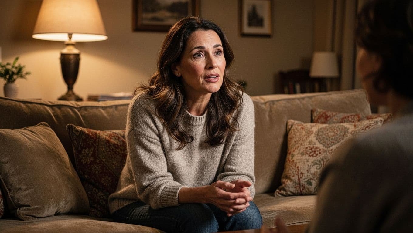 A woman sits on a cozy sofa, leaning forward while having an open and heartfelt conversation.