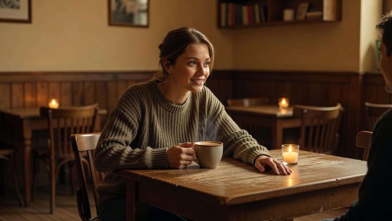 A woman leans across a small table in a cozy cafe with an inviting smile.