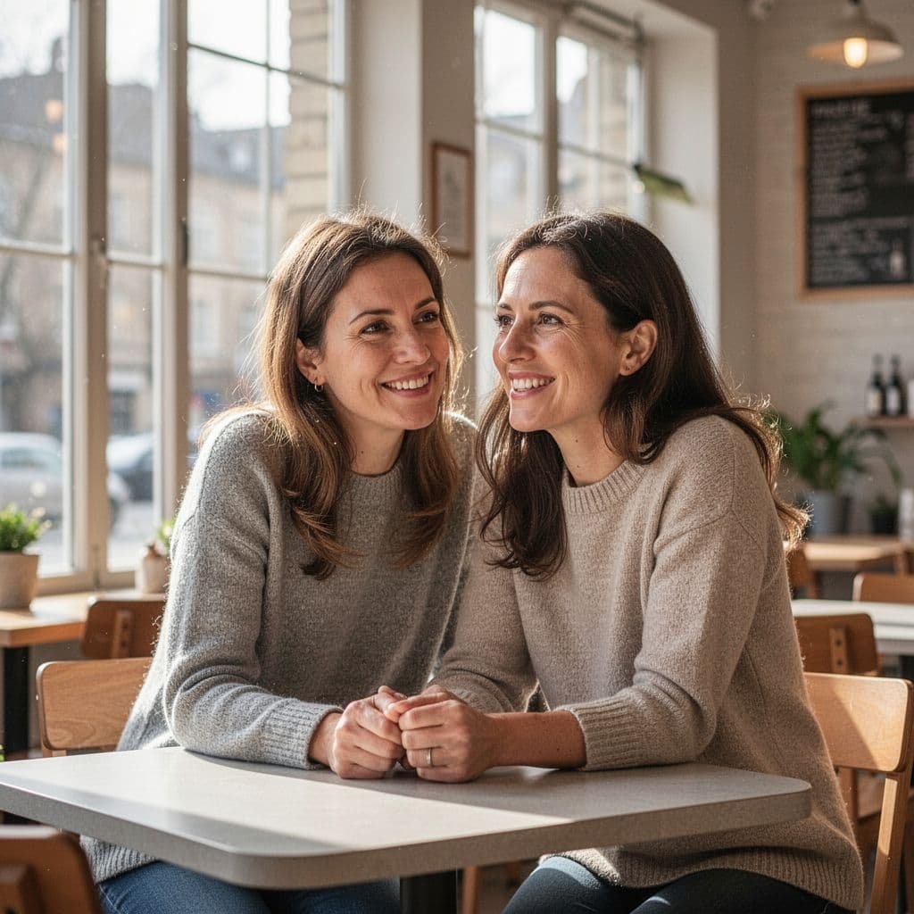 A woman smiles warmly while leaning forward during a relaxed conversation at a cafe table.