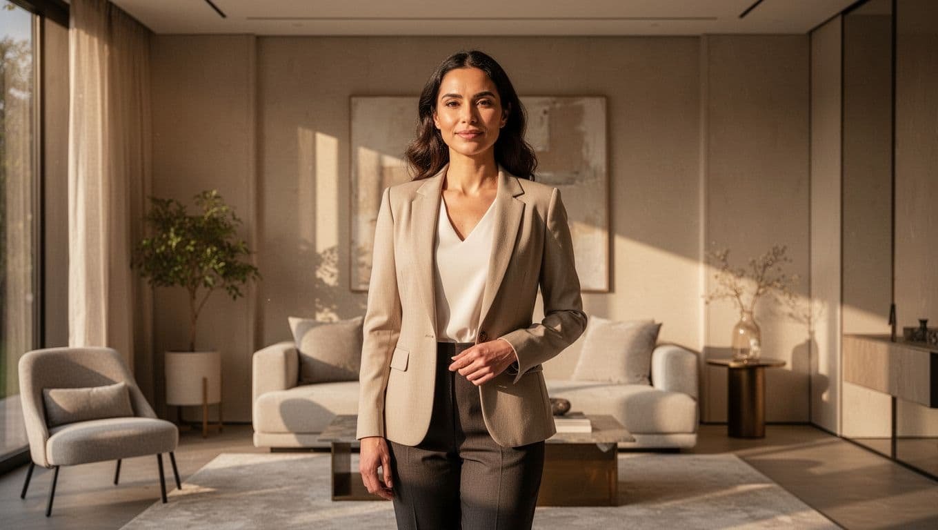 A calm woman standing confidently in a bright, modern, and minimalist room.
