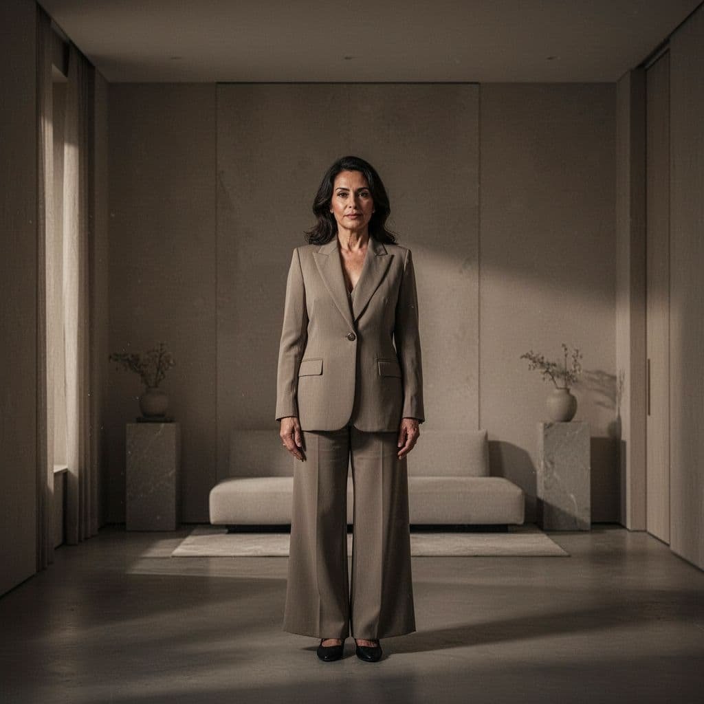 A woman stands with a confident posture in a dimly lit, elegant room with neutral colors.